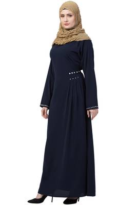 Navy Blue Abaya Side Show Button With Fabric Belt 5