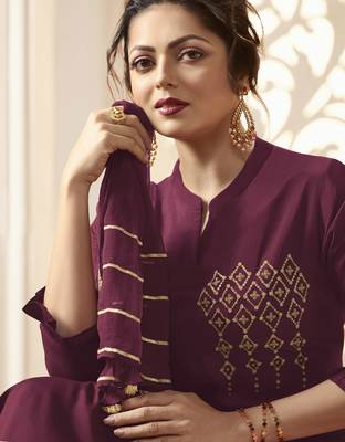 Wine Embroidered Viscose Ethnic Kurtis 4