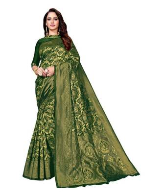 Green woven banarasi saree with blouse 1