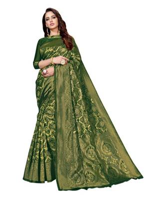 Green woven banarasi saree with blouse 5