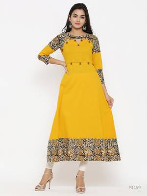 Women'S Cotton Blend Kalamkari Print Kaantha Work A-Line Kurta (Mustard) 1