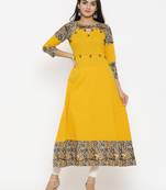 Women'S Cotton Blend Kalamkari Print Kaantha Work A-Line Kurta (Mustard)