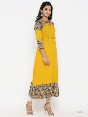 Women'S Cotton Blend Kalamkari Print Kaantha Work A-Line Kurta (Mustard) 4