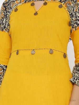 Women'S Cotton Blend Kalamkari Print Kaantha Work A-Line Kurta (Mustard) 5