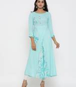 Women'S Rayon Tie & Dye Print Applique Work A-Line Kurta (Sky Blue)