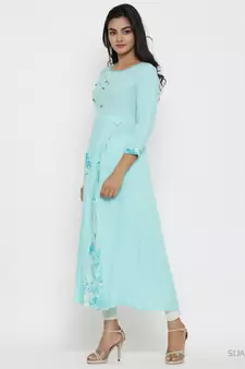 Women'S Rayon Tie & Dye Print Applique Work A-Line Kurta (Sky Blue)