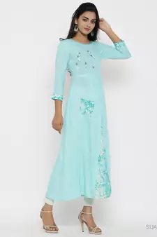 Women'S Rayon Tie & Dye Print Applique Work A-Line Kurta (Sky Blue)
