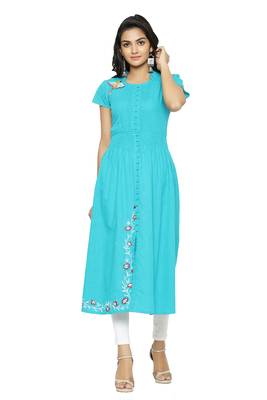 Women'S Cotton Slub Embroidery Kurta (Teal) 1