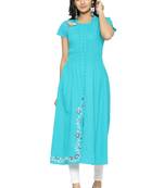 Women'S Cotton Slub Embroidery Kurta (Teal)