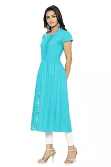 Women'S Cotton Slub Embroidery Kurta (Teal)