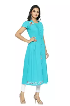 Women'S Cotton Slub Embroidery Kurta (Teal)