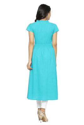 Women'S Cotton Slub Embroidery Kurta (Teal) 4