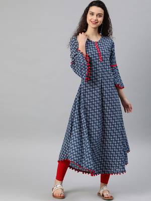 Women'S Cambric Cotton Printed Mirror Work A-Line Kurta (Blue) 1