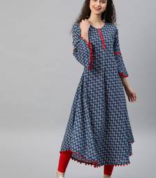 Women'S Cambric Cotton Printed Mirror Work A-Line Kurta (Blue)