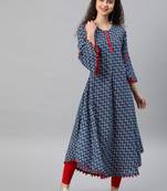 Women'S Cambric Cotton Printed Mirror Work A-Line Kurta (Blue)