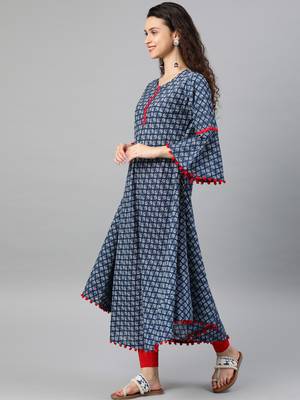 Women'S Cambric Cotton Printed Mirror Work A-Line Kurta (Blue) 2