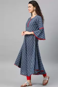 Women'S Cambric Cotton Printed Mirror Work A-Line Kurta (Blue)