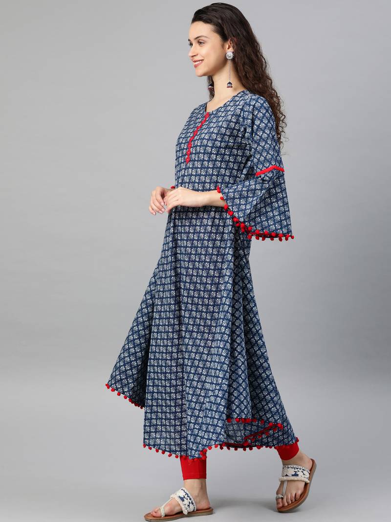 Women'S Cambric Cotton Printed Mirror Work A-Line Kurta (Blue)