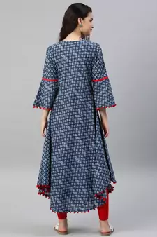 Women'S Cambric Cotton Printed Mirror Work A-Line Kurta (Blue)