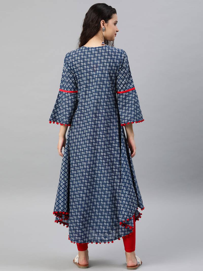 Women'S Cambric Cotton Printed Mirror Work A-Line Kurta (Blue)