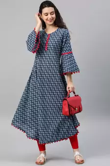 Women'S Cambric Cotton Printed Mirror Work A-Line Kurta (Blue)