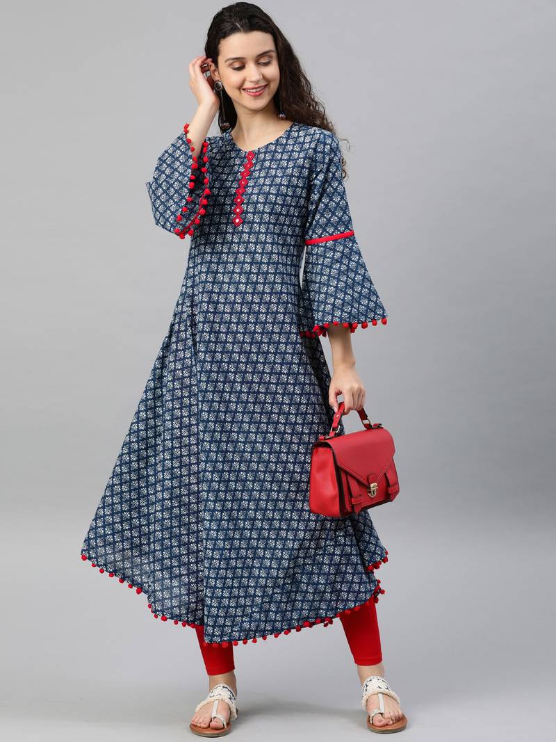Women'S Cambric Cotton Printed Mirror Work A-Line Kurta (Blue)
