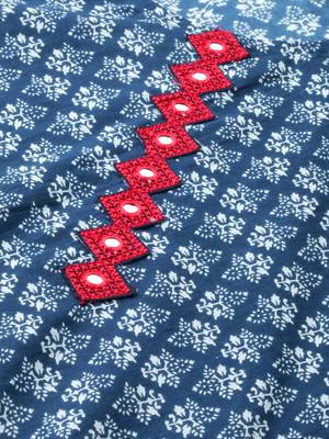 Women'S Cambric Cotton Printed Mirror Work A-Line Kurta (Blue) 5
