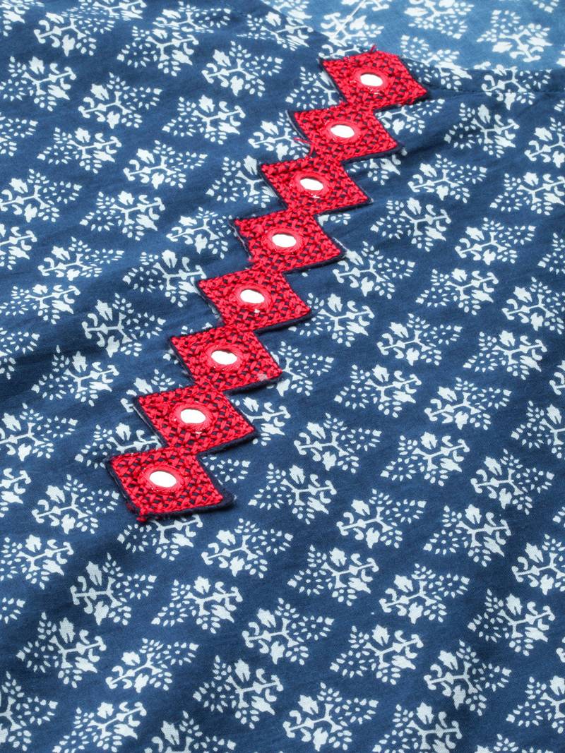 Women'S Cambric Cotton Printed Mirror Work A-Line Kurta (Blue)