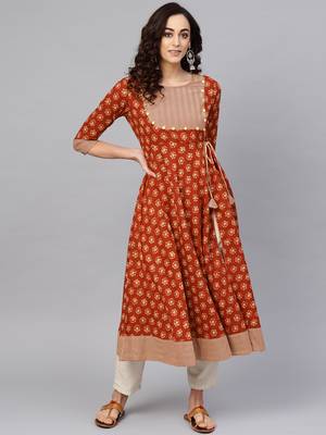 Women'S Cotton Slub Floral Printed Angrakha Kurta (Rust) 1