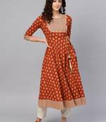 Women'S Cotton Slub Floral Printed Angrakha Kurta (Rust)