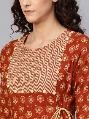 Women'S Cotton Slub Floral Printed Angrakha Kurta (Rust) 2