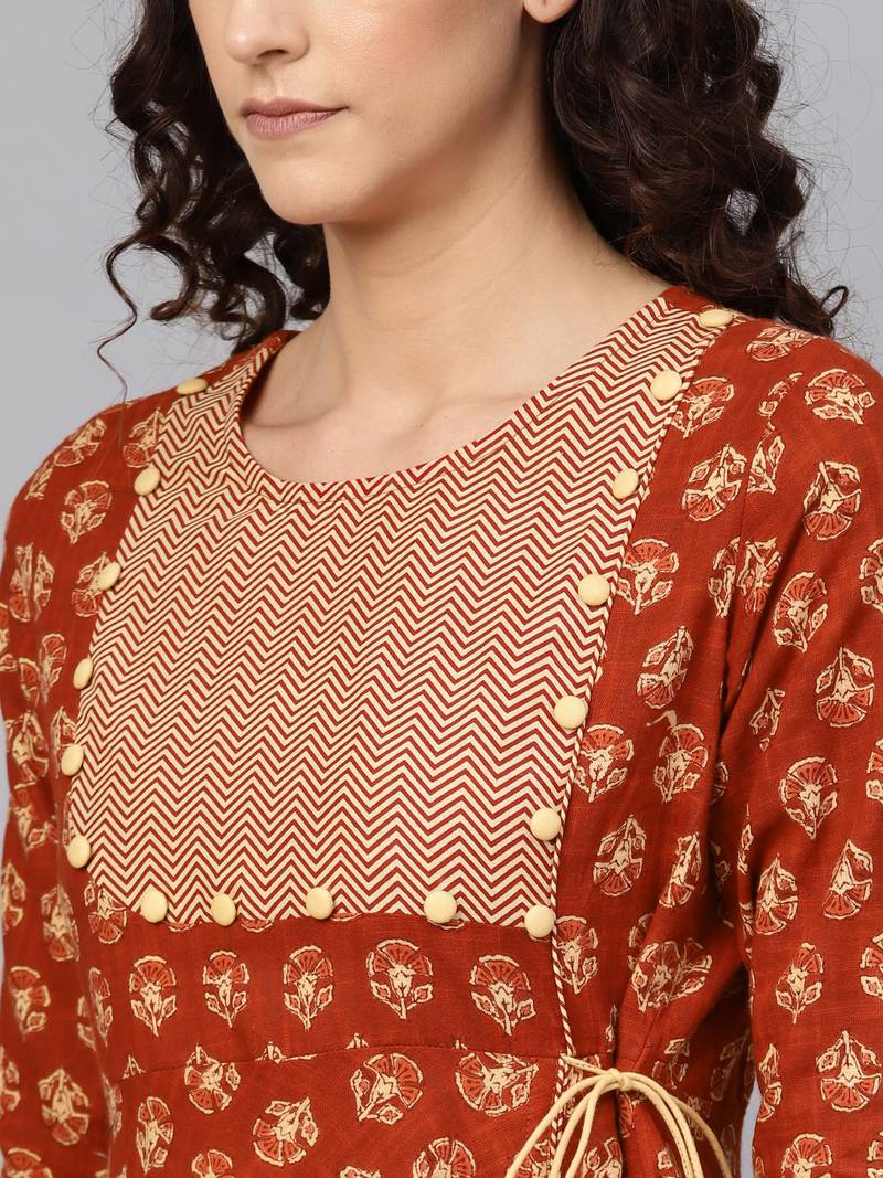 Women'S Cotton Slub Floral Printed Angrakha Kurta (Rust)