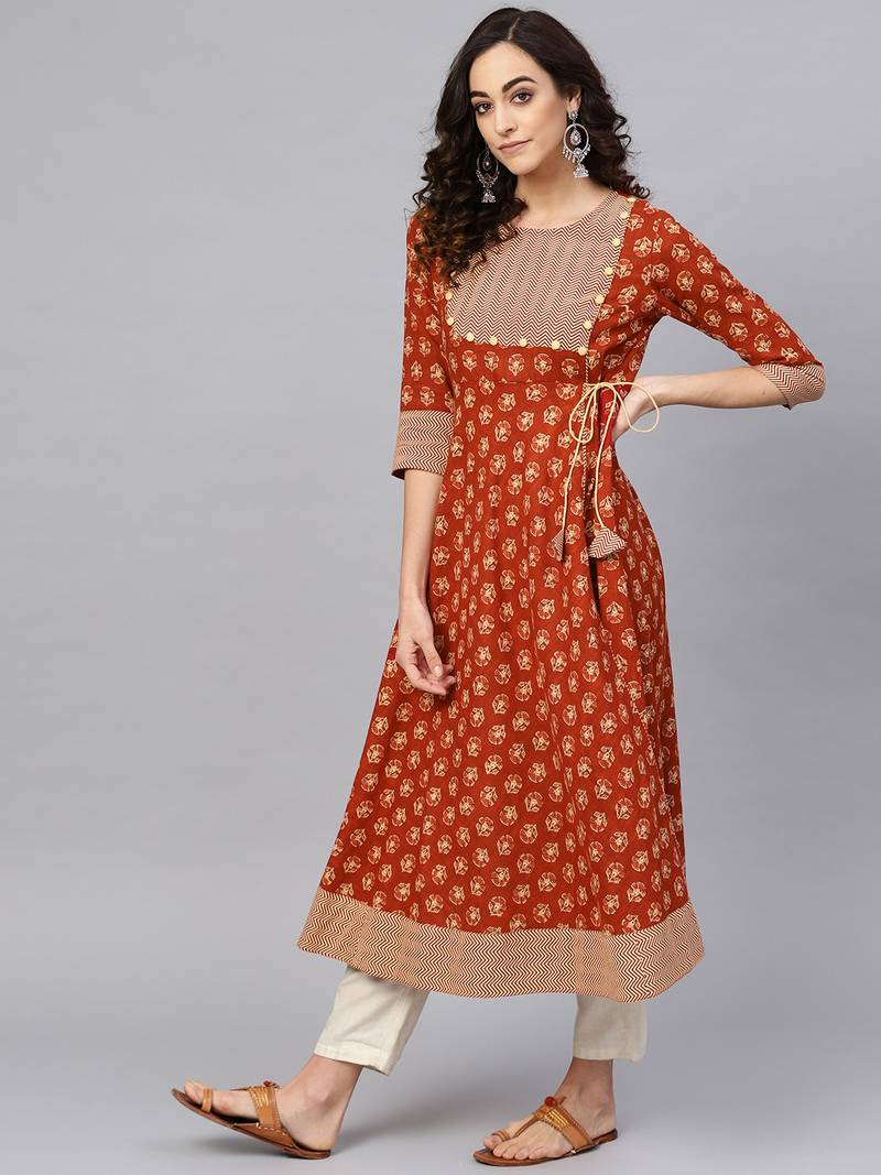 Women'S Cotton Slub Floral Printed Angrakha Kurta (Rust)