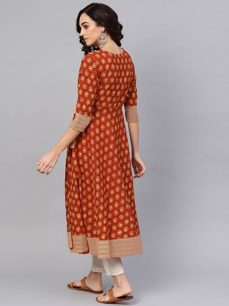 Women'S Cotton Slub Floral Printed Angrakha Kurta (Rust)