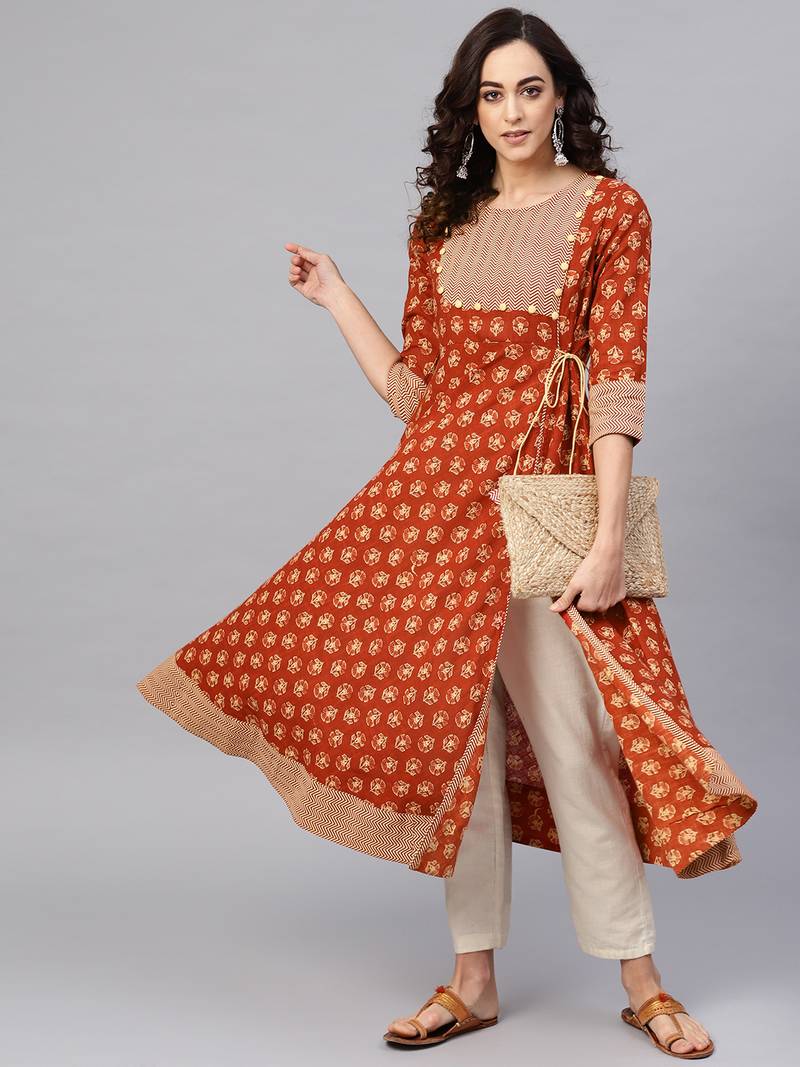 Women'S Cotton Slub Floral Printed Angrakha Kurta (Rust)