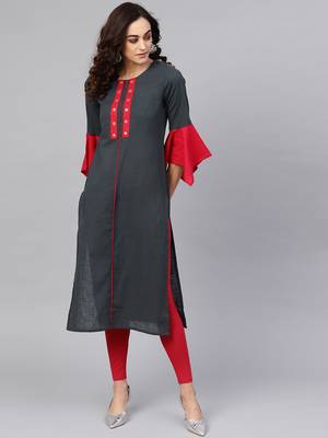 Women'S Cotton Slub Mirror Work Straight Kurta (Bluish Grey) 1