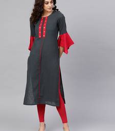Women'S Cotton Slub Mirror Work Straight Kurta (Bluish Grey)