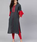Women'S Cotton Slub Mirror Work Straight Kurta (Bluish Grey)