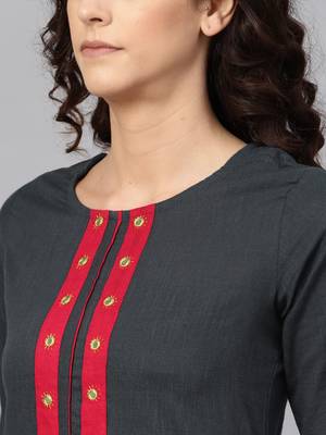 Women'S Cotton Slub Mirror Work Straight Kurta (Bluish Grey) 2