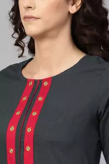 Women'S Cotton Slub Mirror Work Straight Kurta (Bluish Grey)