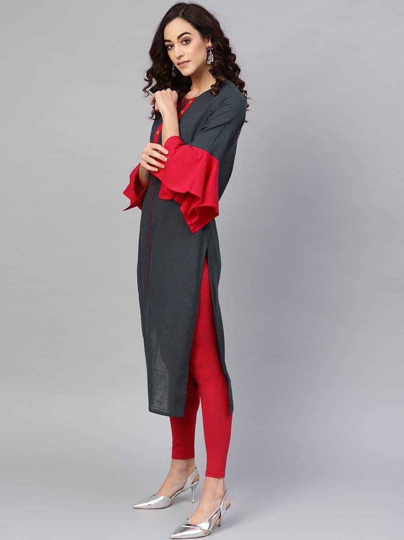 Women'S Cotton Slub Mirror Work Straight Kurta (Bluish Grey)