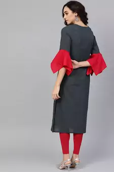 Women'S Cotton Slub Mirror Work Straight Kurta (Bluish Grey)