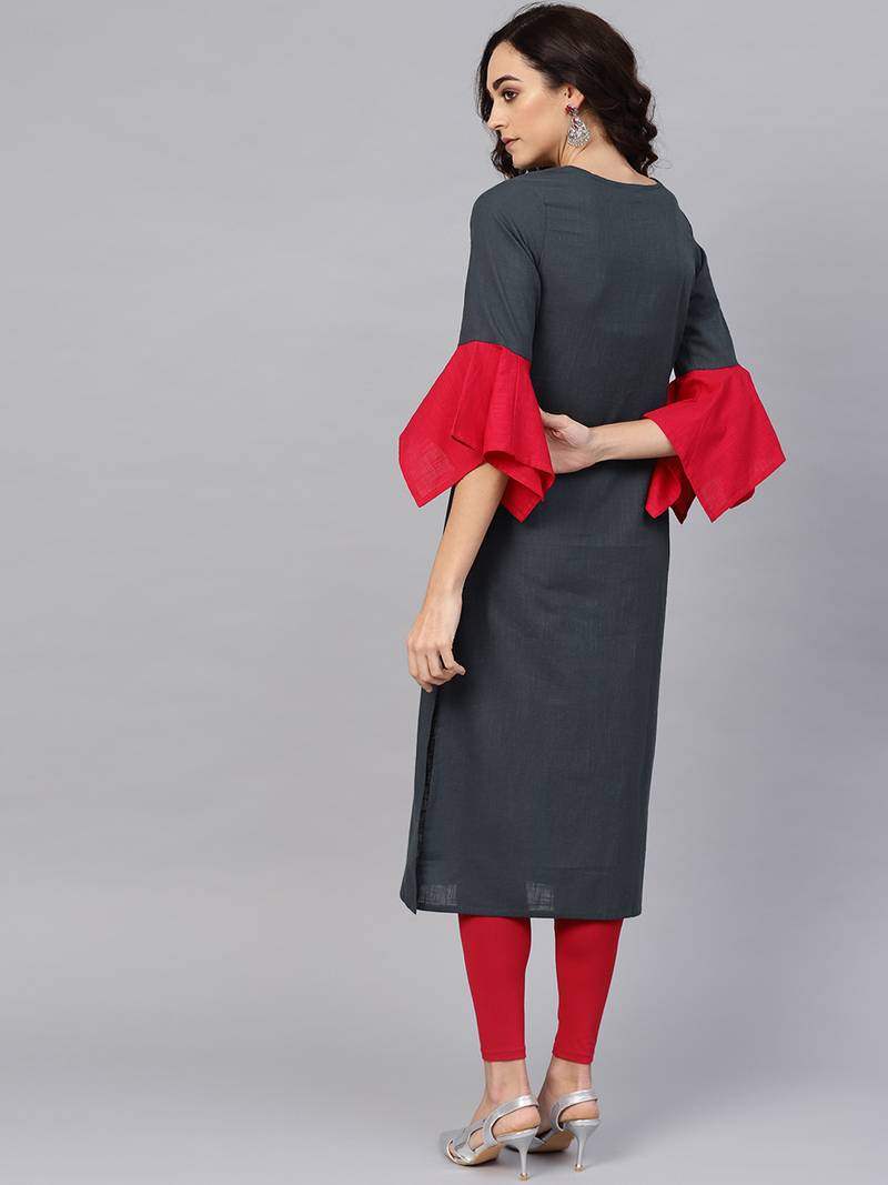 Women'S Cotton Slub Mirror Work Straight Kurta (Bluish Grey)