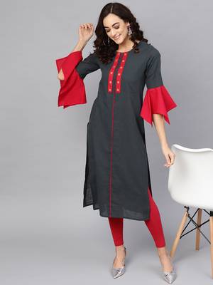 Women'S Cotton Slub Mirror Work Straight Kurta (Bluish Grey) 5