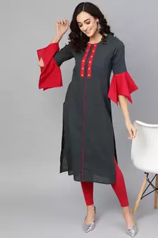Women'S Cotton Slub Mirror Work Straight Kurta (Bluish Grey)