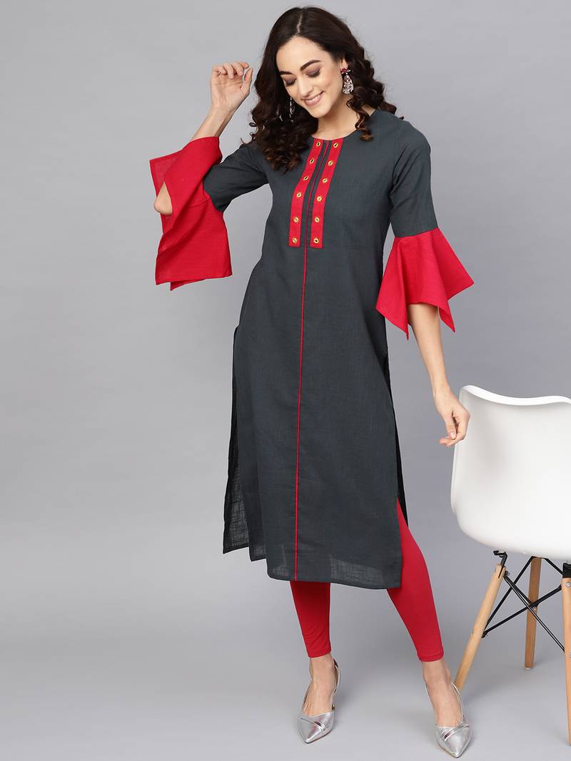 Women'S Cotton Slub Mirror Work Straight Kurta (Bluish Grey)