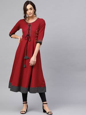 Women'S Cotton Slub Embroidered Anarkali Kurta (Maroon) 1