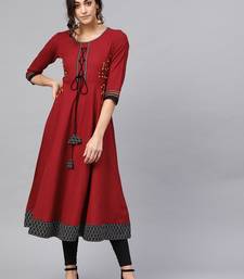 Women'S Cotton Slub Embroidered Anarkali Kurta (Maroon)