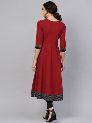 Women'S Cotton Slub Embroidered Anarkali Kurta (Maroon) 3
