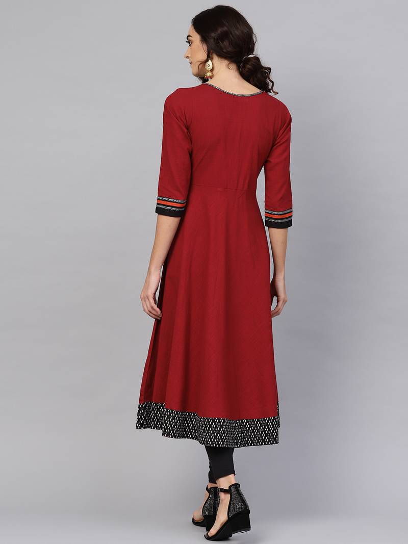 Women'S Cotton Slub Embroidered Anarkali Kurta (Maroon)